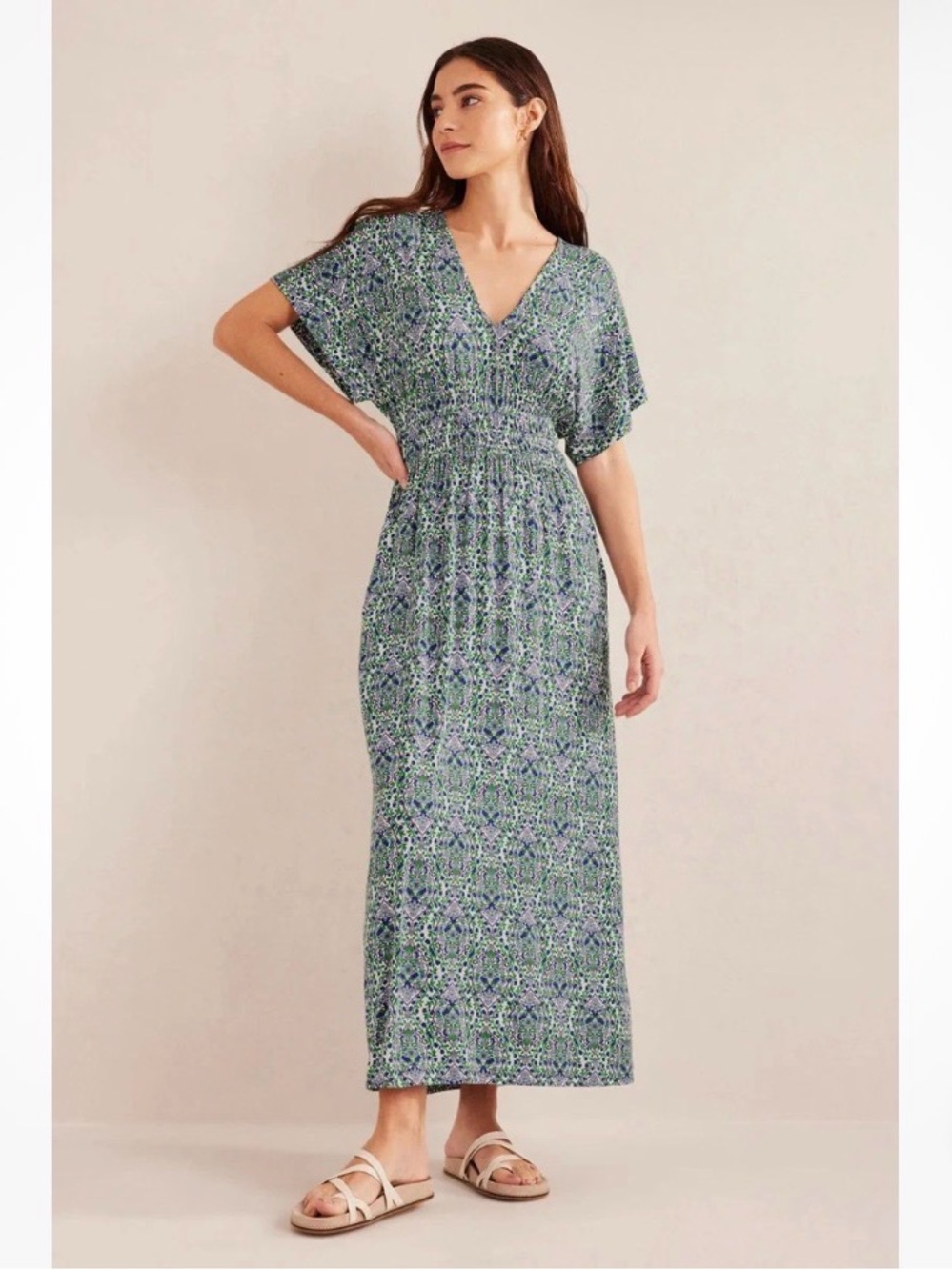 Boden Smock Waist Jersey Maxi Dress In Linseed, Vine Terrace Women’s Sz 10R